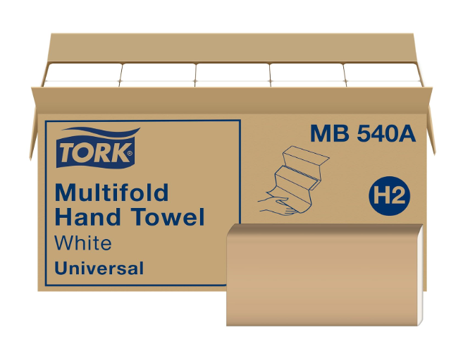Tork Multifold Hand Towel White H2, 16 x 250 Towels, MB540A
Compatible with H2 Dispensers, 1-Ply, Universal, 100% Recycled Fibers