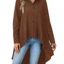 OPOIPIN Women's Button Down Shirt Asymmetrical High Low Hem Blouse V Neck Long Sleeve Tunic Tops Brown Small (S)