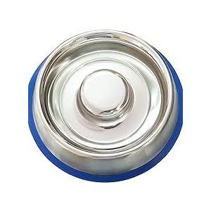 Mr. Peanut's Stainless Steel Interactive Slow Feed Dog Bowl with a Blue Base, Fun Healthy Bloat Stop Feeder (Small)