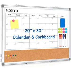 Monthly Calendar Whiteboard Dry Erase Cork Board Combo for Wall, 30" x 20" Magnetic Double-Sided Calendar White Board and Bulletin Board, Portable Board for Office, Kitchen, School, Home, Dorm