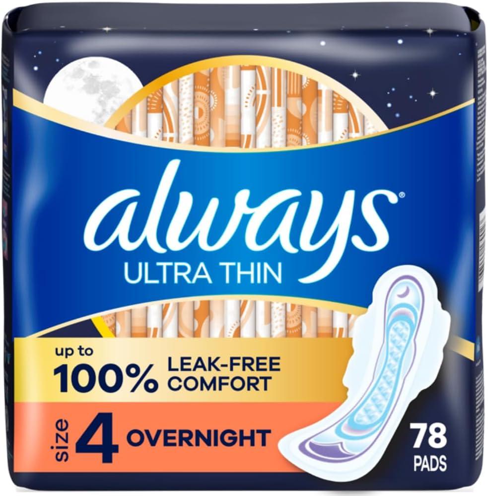 Always Ultra Thin Overnight Pads with Wings, Size 4, Overnight, 78 Count (3 Packs of 26)