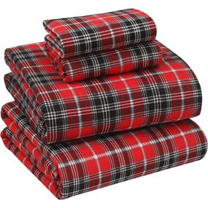 RUVANTI Flannel Sheets Twin Size  100% Cotton Double Brushed Twin Sheets Set, Deep Pockets 16 Inches, All Seasons Breathable & Extra Soft Bed Sheets, Warm & Cozy, 3 Piece, Red Plaid