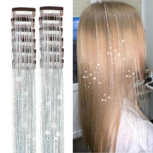 Hair Tinsel Pack of 12 Pcs Clip in Hair Tinsel 19.6Inch Glitter Tinsel Hair Extensions Shiny Sparkly Fairy Hair Tinsel Kit Dazzle Hair Accessories for Women Girls Kids (Silver)