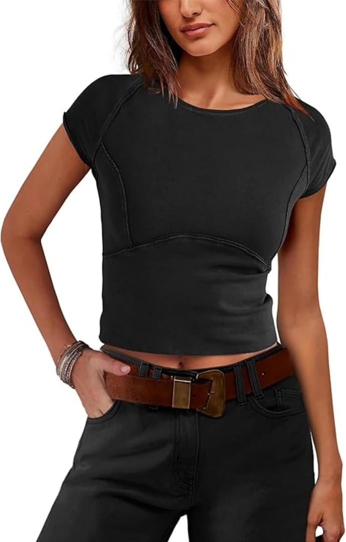 Aimiray Women's Y2k Basic Tees Short Sleeve Fitted Baby Tees Slimming White Cute Crop Tops Summer Tight Shirts (Black-Medium) Aimiray Women's Y2k Basic Tees Short Sleeve Fitted Baby Tees Slimming White Cute Crop Tops Summer Tight Shirts (Black-Medium)