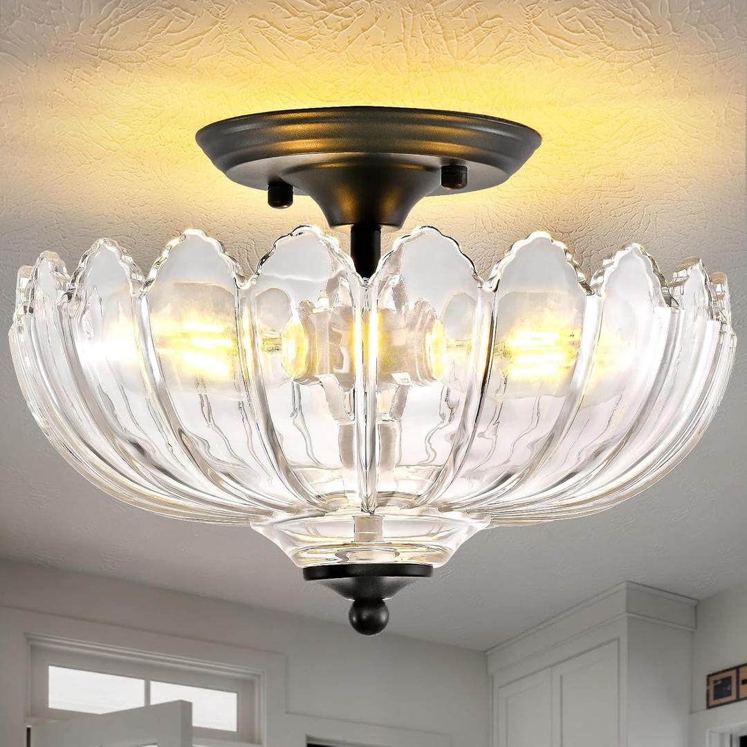 Clear Glass Ceiling Light Fixture - Handmade Art Glass Semi Flush Mount Lighting with 3 E26 Bases, Crystal-Like Transparency for Bedroom Kitchen Hallway, Modern Vintage Home Decor