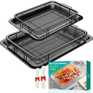 Air Fryer Basket, OPENICE 2 Set Air Fryer Pan and Crisper Tray for Oven, Non-stick Oven Air Fryer Basket for Baking and Crispy Foods - Black (Black 15.6"  11.6" & 12.8"  9.6")