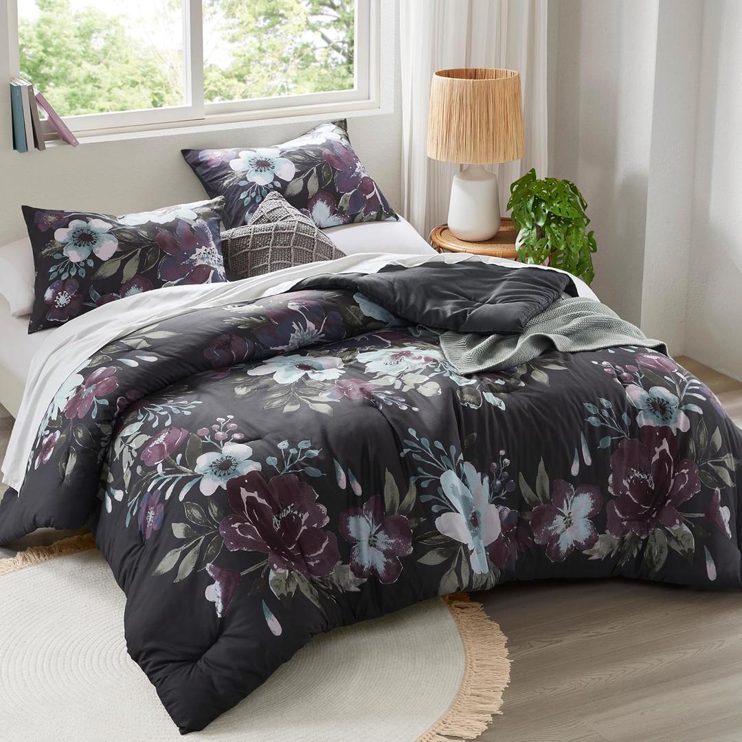 Madison Park Queen Comforter Set Watercolor Overscale Floral Cotton Comforter for Queen Size Bed, All Season, Lightweight Queen Size Bedding, Matching Shams, Jolene, Full/Queen Dark Grey/Plum 3 Piece