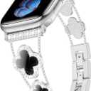 Tasikar Bling Diamond Women Band Compatible with Apple Watch Band 42mm 44mm 45mm 46mm 49mm Ultra SE Series 11 10 9 8 7 6 5 4 3 2 1 Lucky Clover Dressy Replacement Bracelet (Silver/Black)