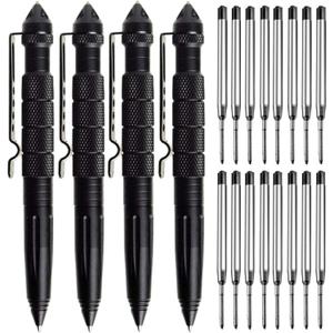 Tungsten Steel Military Tactical Pen - 2 Pack Emergency Self Defense with 8 Black Ballpoint Refills for Writing, Professional Glass Breaker Pen, Multitool for Father's Day (Tacpen 4xblack)