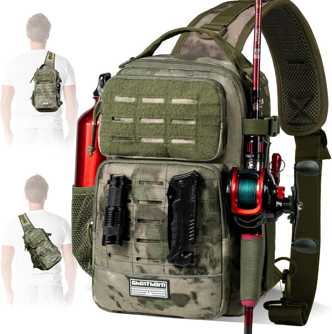 Ghosthorn Fishing Backpack with Rod Holder - Tackle Sling Bag - Fly Fishing Gifts for Men and Women (Green Camouflage)