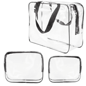 3Pcs Crystal Clear PVC Travel Toiletry Bag Kit for Women Men, Waterproof Vinyl Organizer Makeup Bags with Zipper Handle Straps, Cosmetic Bag Pouch Carry on Airport Airline Compliant Bag Handbag