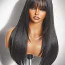 GORGIUS Glueless Wig with Bangs Natural Black Straight Layered Hair Ready-to-Go Synthetic Bang Wigs with Realistic Scalp 24 Inch