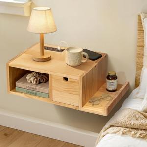 Afuly Floating Nightstand with Charging Station, Wall Mount Night Stand with Drawer Hanging Bedside Table End Table, Solid Wood Modern Side Table Shelf for Bedroom Natural Wooden Decor