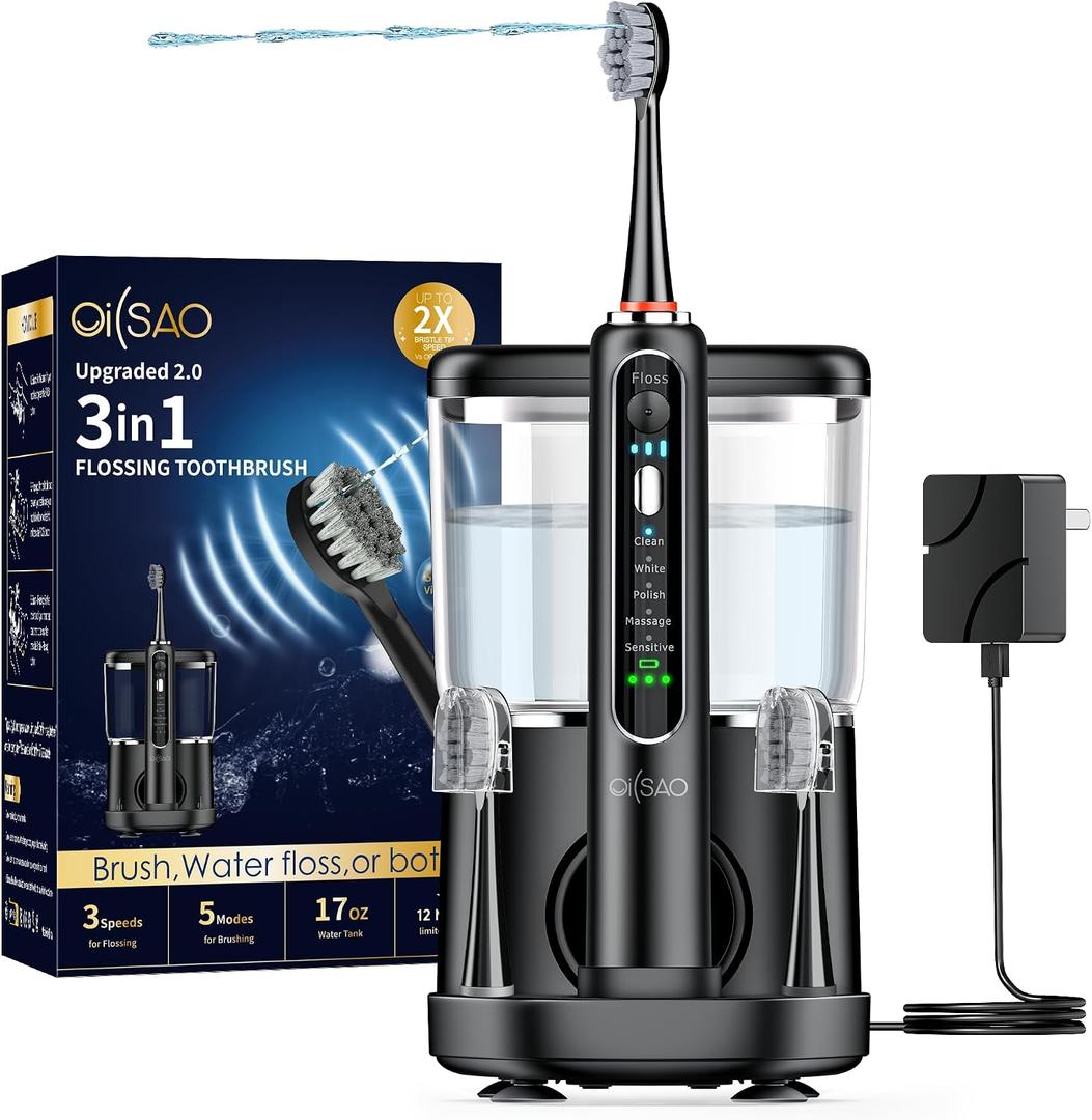 Electric Toothbrush with Water Flosser Combo, 3-in-1 Sonic Flossing Toothbrush and Dental Water Flosser for Teeth Cleaning, Gum Care, Braces, Bridges, Adults, 5 Brush Modes, 500ML, Black