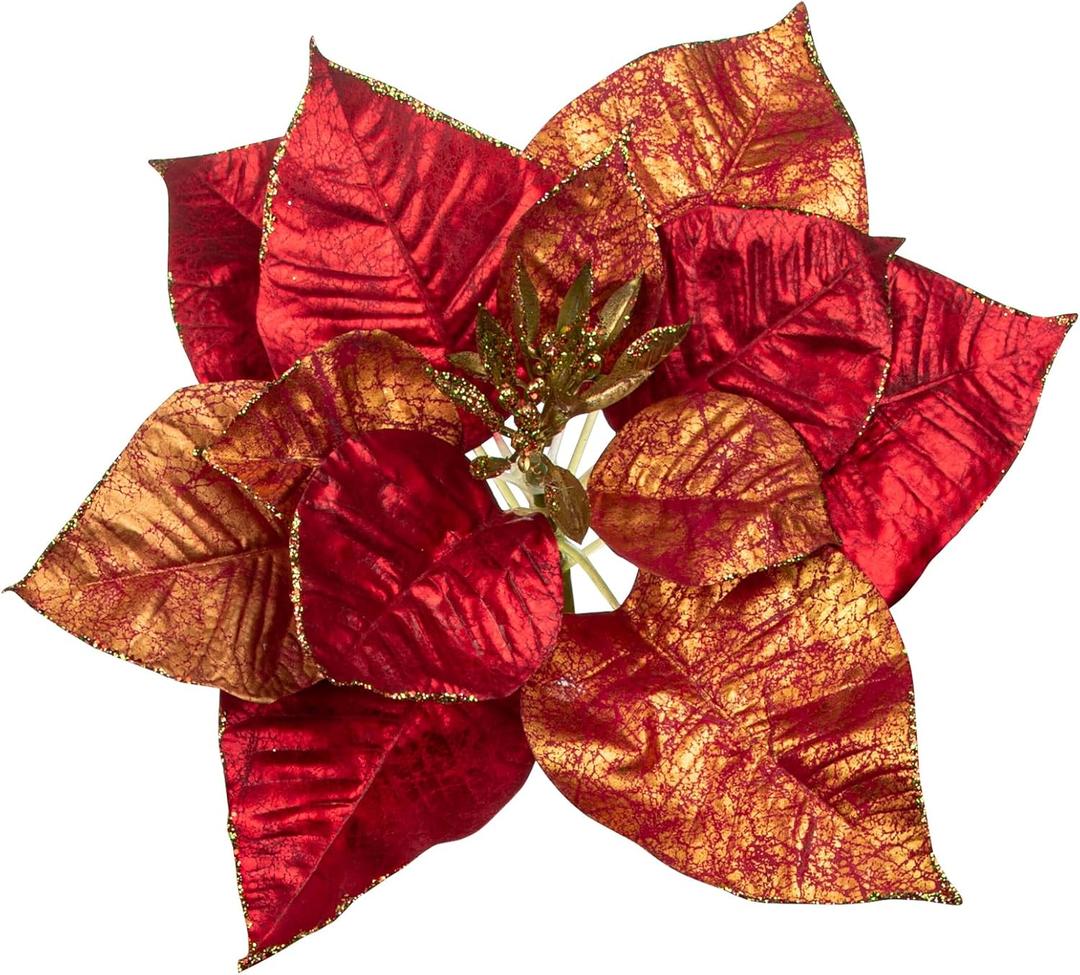 Briful Red & Gold Poinsettia Christmas Flowers Stem  28.3'' Long Stem Artificial Poinsettia Pick with Onion-Skin Fabric Petals, Large Faux Holiday Flower for Xmas Tree Decor, Centerpieces, Set of 3