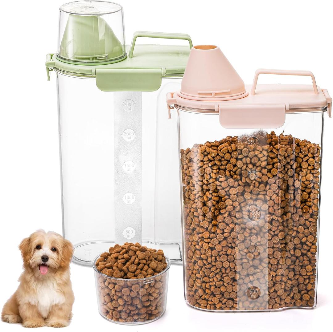 DEAYOU 2 Pack Plastic Cat Dog Food Storage Container, 3 to 5Lbs Airtight Rice Bin with Pour Spout and Measuring Cup, Portable Travel Pet Food Dispenser for Small Animals, Bird Seed, Dry Food, Flour