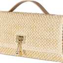 Straw Evening Clutch Purse Woven Envelope Cross-body Bag Women Travel Chain Purse Square Top-Handle Bag for Party Wedding (Khaki)