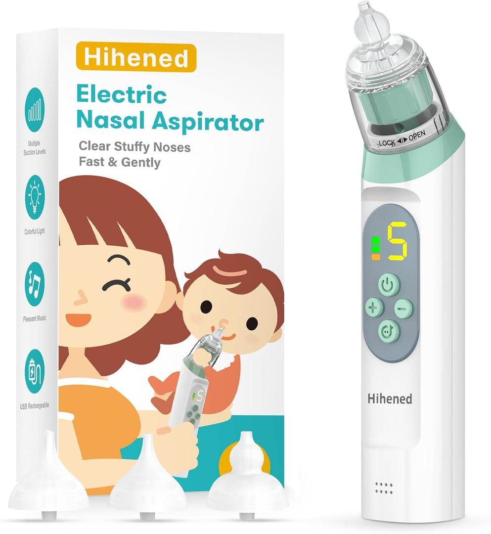 Electric Nasal Aspirator for Baby, Nose Aspirator for Toddlers, Waterproof Baby Nose Sucker, Nose Cleaner with 3 Silicone Tips, Adjustable Suction Level, Music and Light Soothing Function, Green