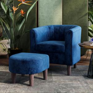 LINSY Accent Chair with Ottoman, Modern Barrel Chair Small Armchair Reading Chair with Footrest, Comfy Round Arms Chair for Living Room Bedroom Reading Room, Velvet, Blue