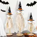 Halloween Decorations Indoor, Set of 3 Primitive Halloween Ghosts with Witch Hat Bat on Wooden Stand Spooky Halloween Table Decor Table Centerpieces, Tiered Tray Decor, Shelves Mantels