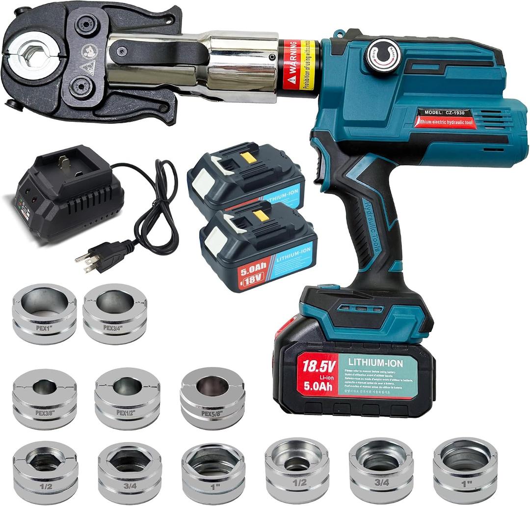 AMZCNC 18V Pro Press Tool for Copper & PEX Pipes Cordless Plumbing Press Tool Kit w/ 1/2, 3/4, 1 Copper & 3/81 ASTM F1807 PEX Dies | F877 Stainless Sleeves | For Professional Plumbers
