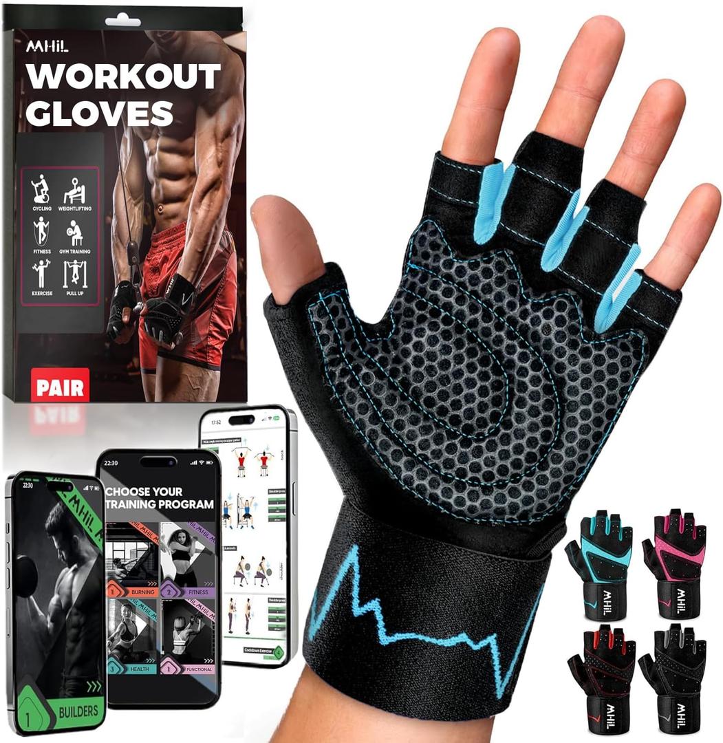MhIL Workout Gloves for Men Comfortable Gym Gloves for Men with Enhanced Grip for Safety and Hand Protection Weight Lifting Protection with Wrist Wraps Support for Performance Boost and Style (Small: 6.3 7.4 / 16 19 cm, Blue)