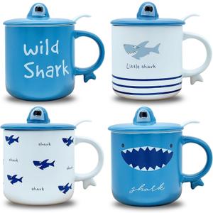 Shark Pattern 12 Oz Porcelain Coffee Mug Set of 4 with Lid and Spoon, Ceramic Mugs Sets, Perfect for Coffee, Tea and Milk, Microwave and Dishwasher Safe, Gift for Coffee Lovers