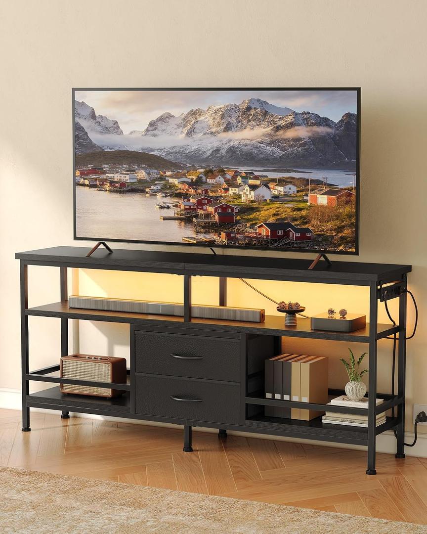 Lazzanto 55 Inch TV Stand, Entertainment Center for 43 to 65 Inch TVs with LED Lights & Removable Charging Station, Modern Media Console Table with Open Storage Shelves & Fabric Drawers, Black