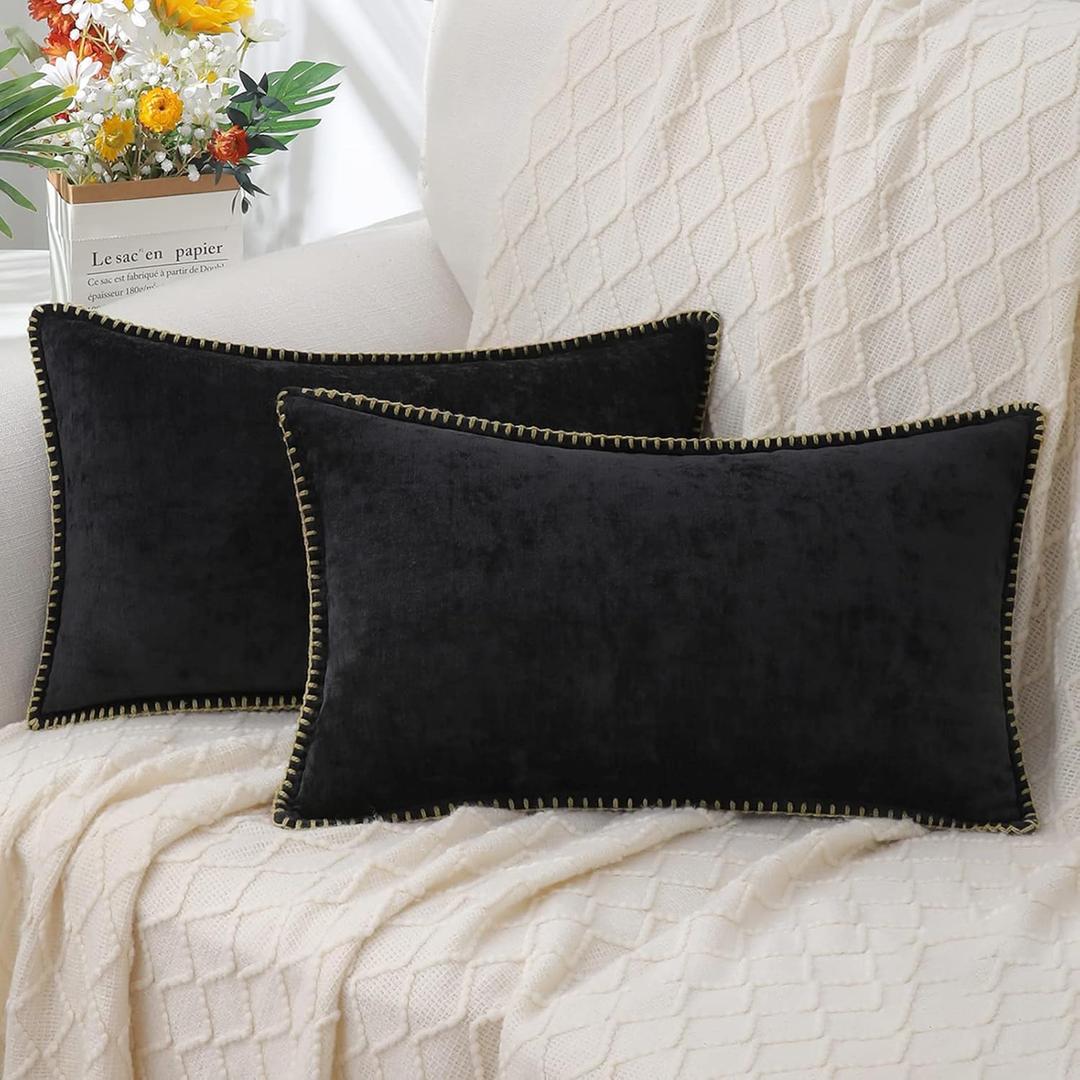 decorUhome Chenille Soft Throw Pillow Covers 12x20 Set of 2, Lumbar Velvet Farmhouse Neutral Decorative Pillow Covers with Stitched Edge for Couch Sofa Bed Home Decor, Black