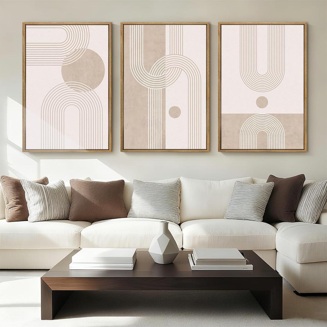 ANHUIB Extra Large Neutral Boho Abstract Canvas Wall Art Set of 3 Framed Mid Century Modern Wall Decor Beige Geometric Line Artwork Minimalist Prints 24x36 Inch Painting for Living Room Bedroom Dining Room Office
