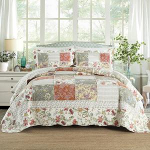 Yvooxny 3-Piece Quilt Set King Size Quilted Bedspread Reversible Country Style Floral Real Patchwork Bedding Quilt Set with Ruffles with Pillowcases for All Seasons, 108 * 96 Inches
