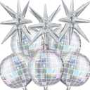 OuMuaMua Disco Ball Balloons for 70s 80s Disco Party Decorations, 22 Inch Large 4D Iridescent Disco Metallic Balloons with Stars for Disco Themed Party, Birthday New Year Bachelorette Decor, 8pcs