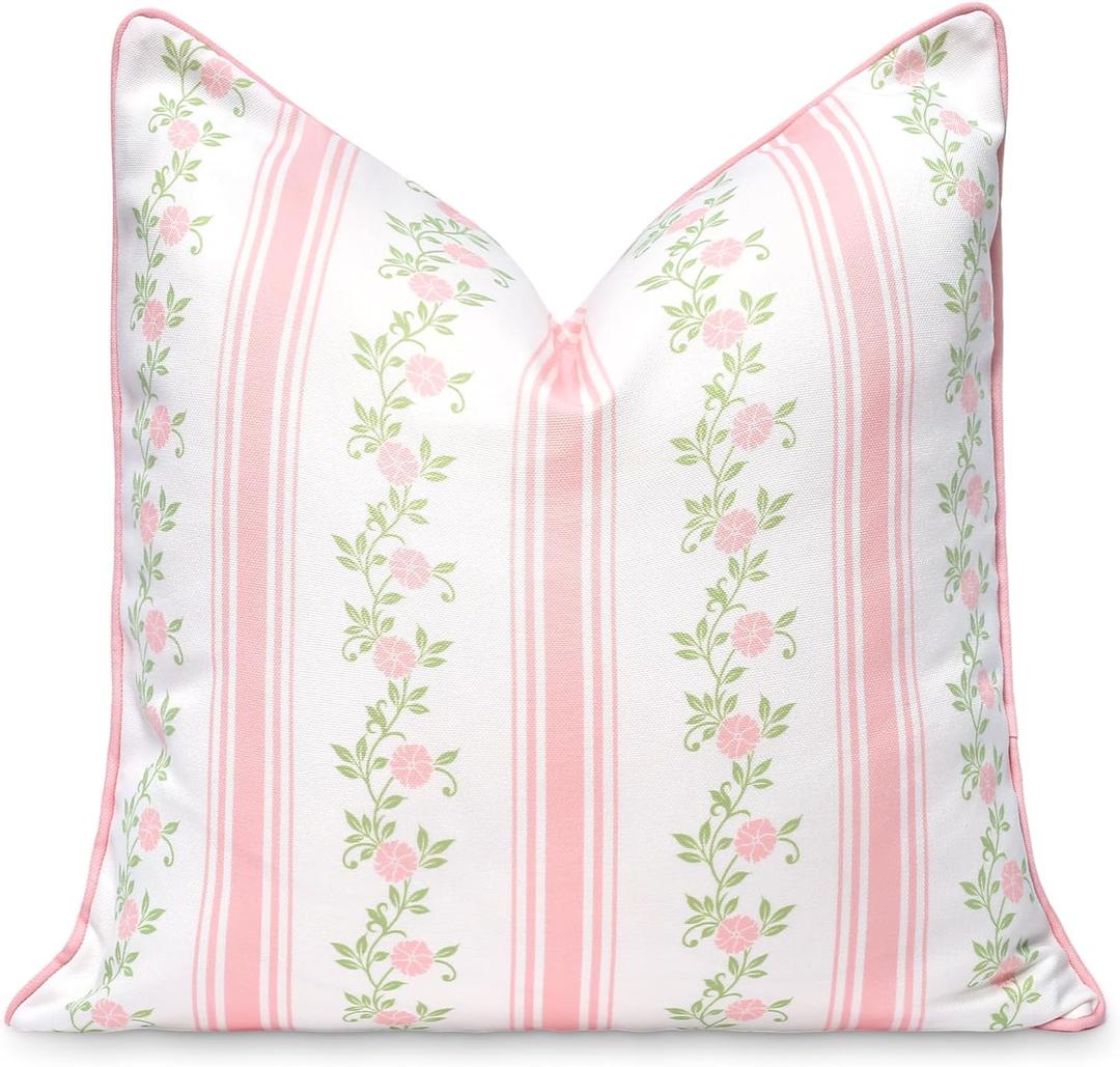 Hofdeco Premium Coastal Patio Indoor Outdoor Throw Pillow Cover Only, 20"x20" Water Repellent for Backyard, Couch, Blush Pink Print Stripe Floral