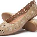 Women's Ballet Flats Black PU Leather Dress Shoes Comfortable Round Toe Slip on Flats with Breathable Eyelets (9, Apricot)