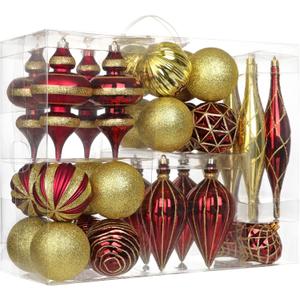 32PCS Christmas Ball Ornaments Set Large Shatterproof Plastic Decorative Baubles with Hand-Help Gift Boxes for Xmas Tree Wedding Party Holiday - Dark Red, Gold