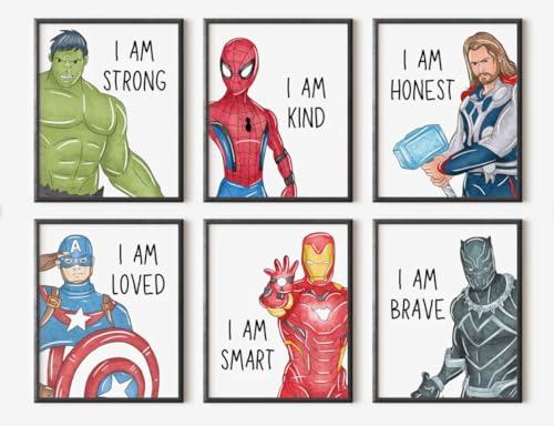 ShopHaven Superheroes Art Print Set Of 6, ‘I AM’ Affirmations, Boys Bedroom Décor, Kids Wall Art, Iron Man, Hulk, Spiderman, Thor, Black Panther and Captain America, Superheroes (11x14) - UNFRAMED