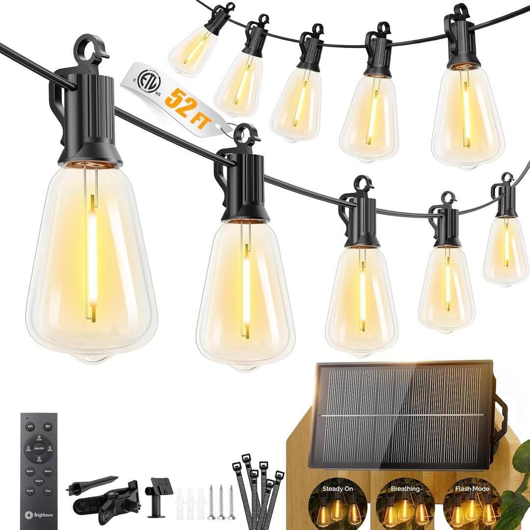 Brightown 52FT Solar String Lights Outdoor Waterproof, Patio Lights with Remote and 15+1 LED Shatterproof Bulbs, Dimmable & Timable, 3 Light Modes, Solar Lights Outdoor for Yard Garden Camping Party