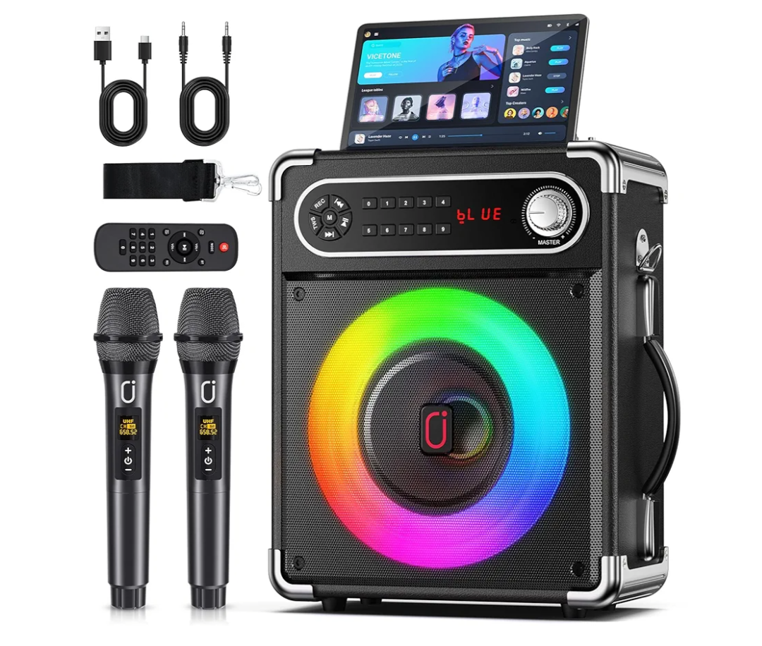 JYX Karaoke Machine, Portable Bluetooth Speaker with 2 Microphones for Adults, PA System with Bass/Treble Adjustment, Supports TF Card/USB, AUX in, FM, REC,TWS for Party-Black