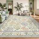 9x12 Area Rugs, Machine Washable Low Pile Floral Rugs for Living Room, Bedroom, Large Boho Area Rug with Non-Slip Backing for Dining Room(Beige Floral)