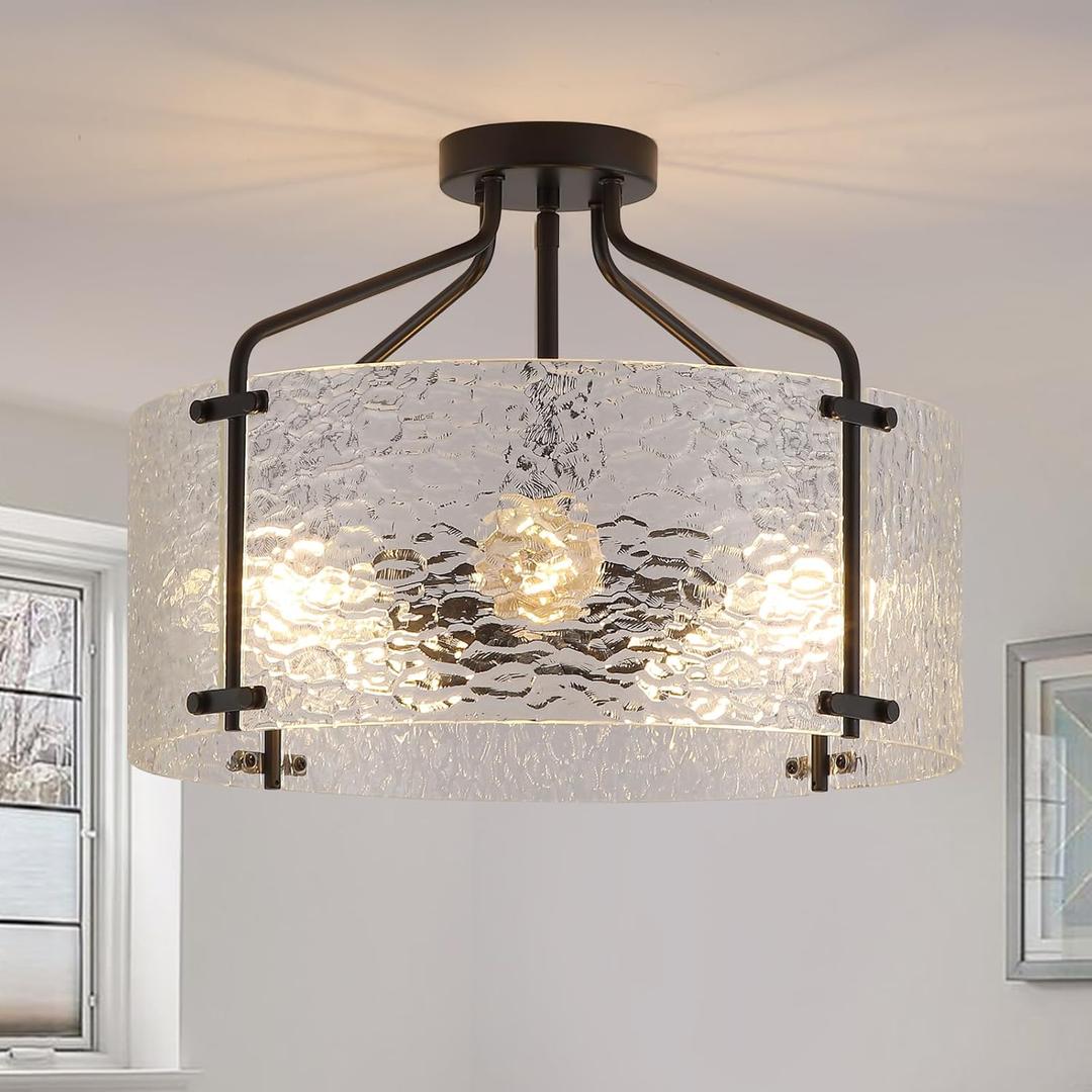 Semi Flush Mount Ceiling Light Fixture,Glass Drum Kitchen Lighting Fixtures Ceiling,18''Black Modern Light Fixture Chandelier,5-Light Foyer Lighting Fixtures for Living Room Hallway Foyer Porch