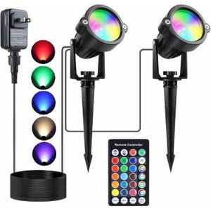 Outdoor Spotlights Color Changing Yard Spot Lights, 10W RGBW LED Landscape Lights Waterproof Timer Memory Stake for Outside Pathway House Porch, 2 Lights
