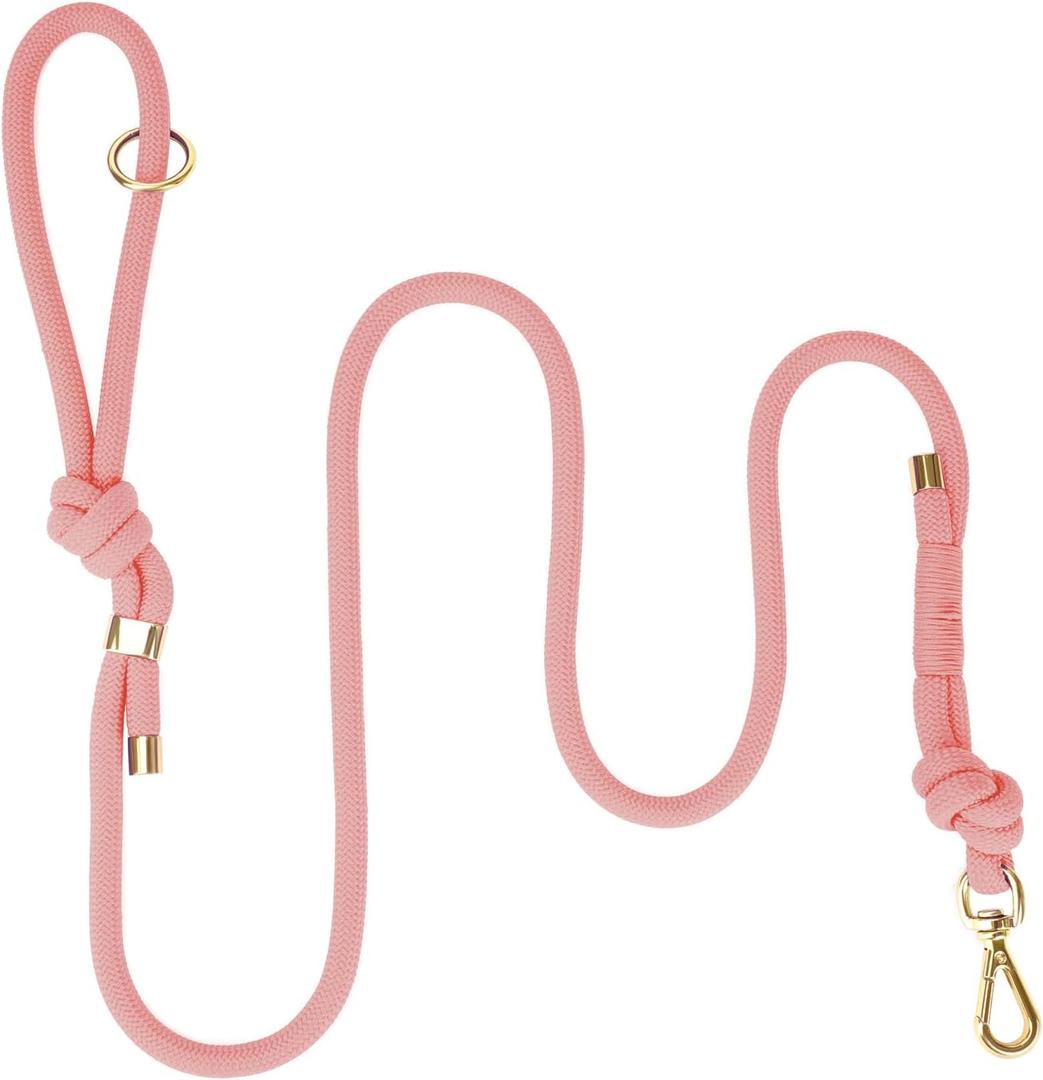 5FT No Pull Dog Leash for Medium Large Dogs - Rope Leash with Non Slip Handle & Metallic Golden-Toned Carabiner Clip (Light Pink) (3/8 Inch)