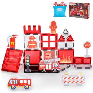 Magnetic Tiles, Firetruck Toys 3-5 Years Old, Fire Trucks for Toddlers 3-5, Magnetic Building Blocks for Kids, STEM Educational Construction Toys for Toddlers, Xmas Birthday Gifts for Boys and Girls