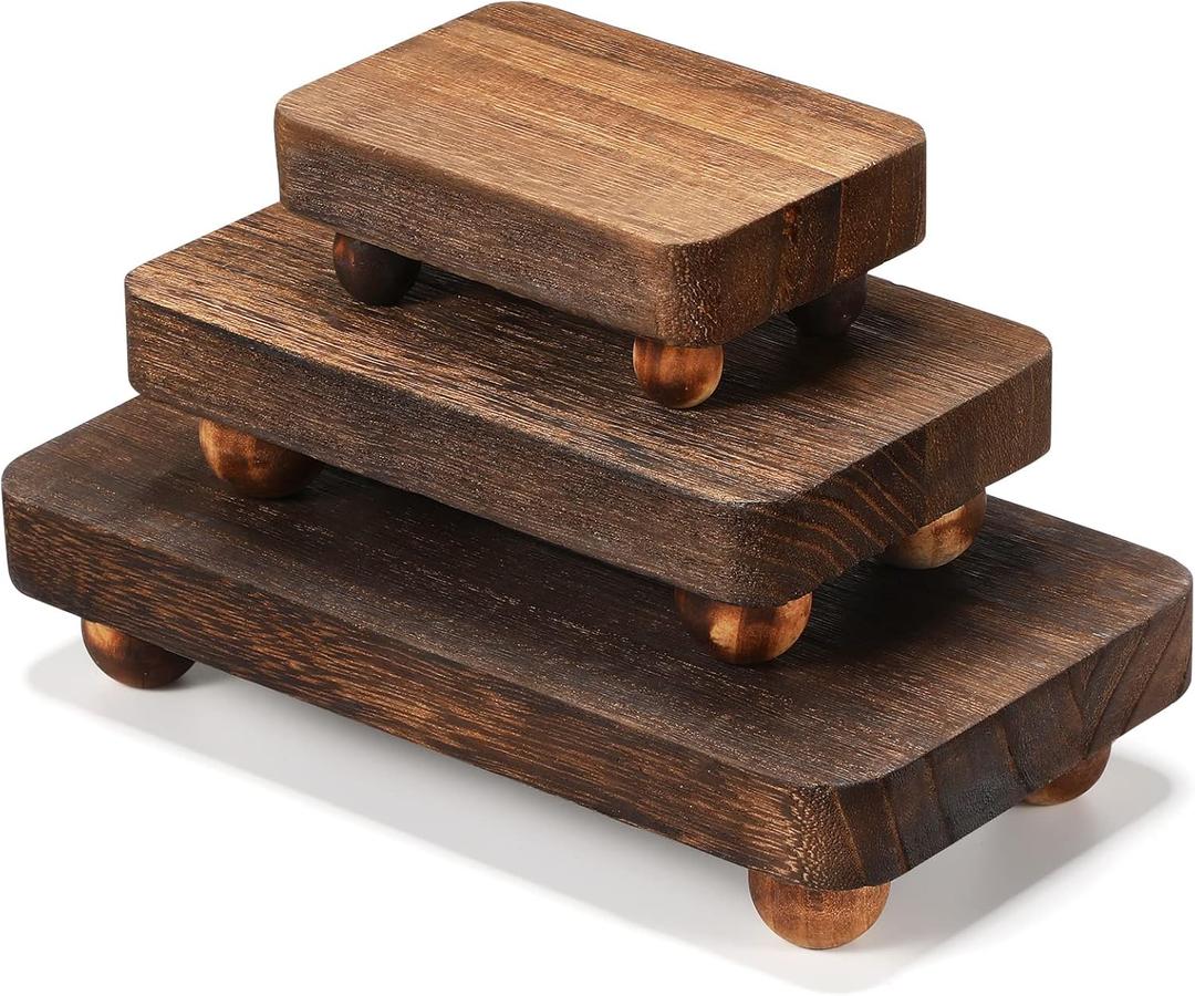 Maitys 3 Pcs Wooden Risers for Display Pedestal Stand Wooden for Decor Farmhouse Vintage Rustic Stackable Kitchen Stand Tray Riser, 3 Sizes(12 x 6.7, 8 x 4.7, 4 x 2.8 in,Brown)