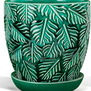 Ceramic Plant Pots, 6 Inch Indoor Plant pots with Drainage Hole and Saucer, Flower Pots, Leaf Embossed - Green Glaze,