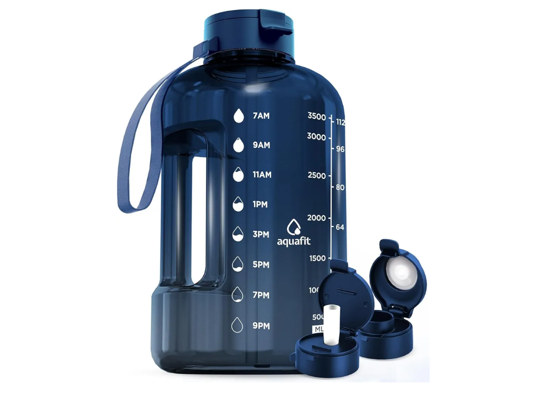 AQUAFIT 1 Gallon Water Bottle with Time Marker - Straw & Chug Lid - BPA Free Gym Water Bottle with Straw - Big Gallon Jug (Nebula 2, 128 oz - 2 Lids)