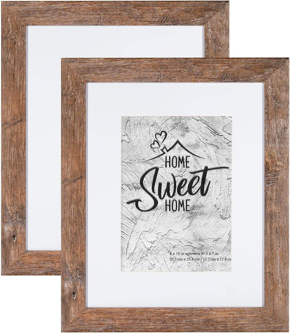 Califortree Rustic Brown 8x10 Picture Frame - Display Photos 5x7 with Mat or 8x10 Without Mat - HD Glass Inside, Horizontal and Vertical Display for Wall and Tabletop - Set of 2