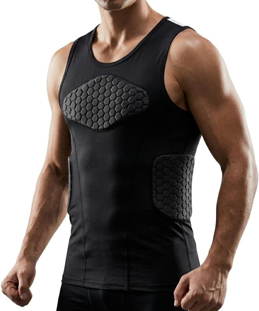 Men Football Chest Protector Heart Guard Padded Compression Shirt Sternum Vest Sleeveless Tank 4 Pads Lacrosse Rib Guards for Adult Baseball Softball Rugby Basketball, M