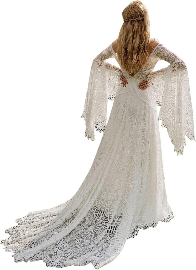 Women's Wedding Dresses Boho for Bride with Long Sleeves Plus Size Lace Beach Bridal Gowns Bohemian Wedding Gowns (4, Ivory)