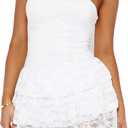 Strapless Mini Dress Sleeveless Ruffle Summer Bodycon Party Lace Grad Short Dress (White, S)